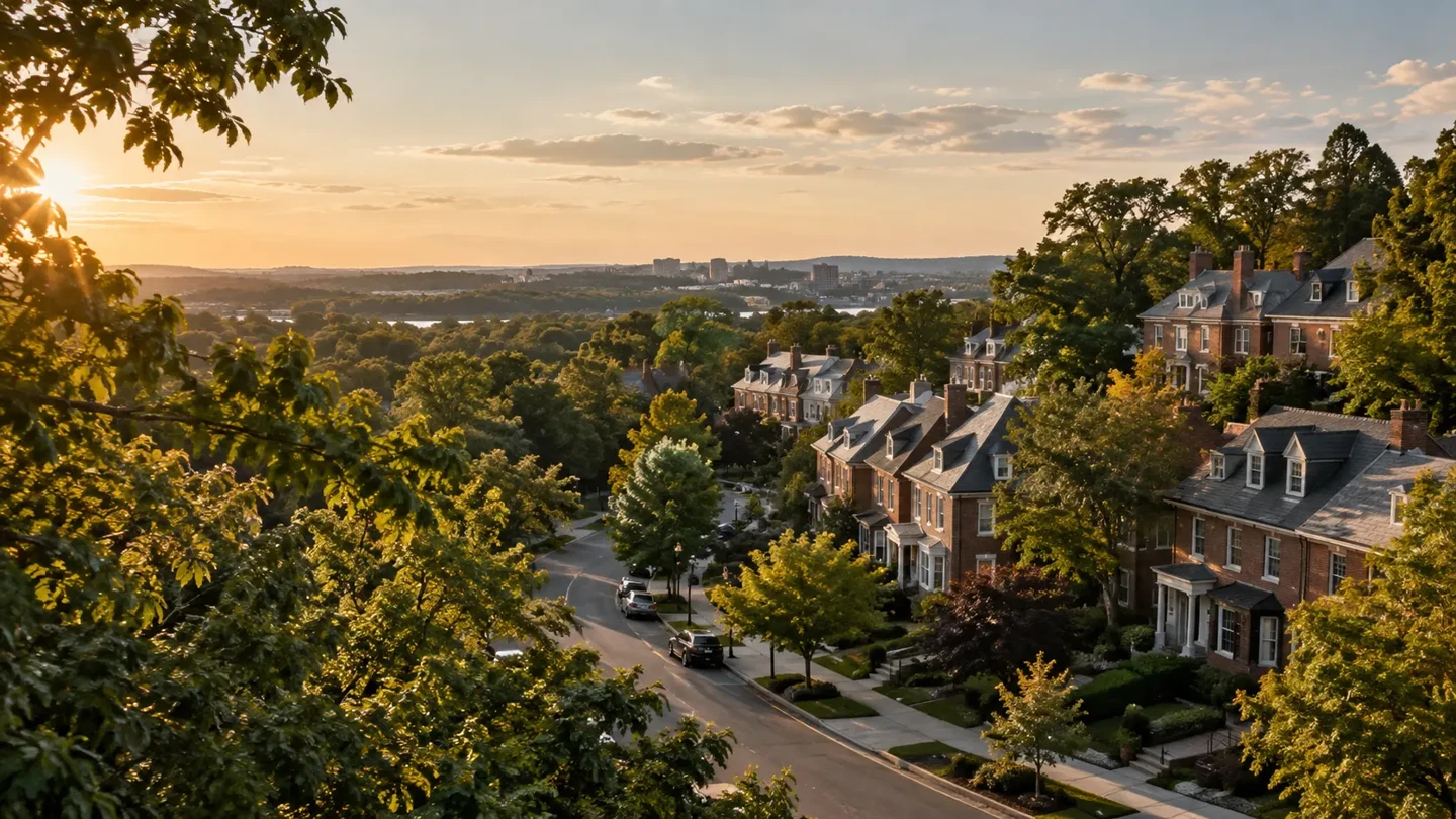 Residential neighborhood with a city and water in the distance