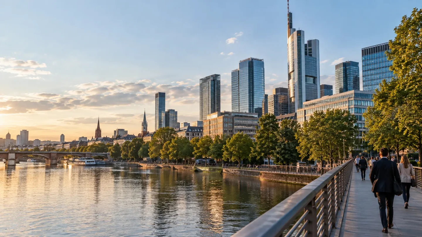 Financial district beside a river with pedestrians on a bridge