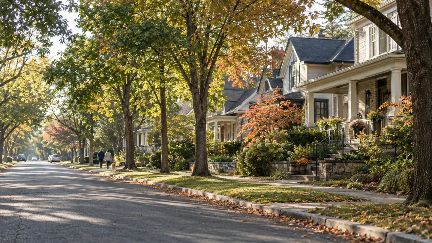 Tree-lined residential street with people walking