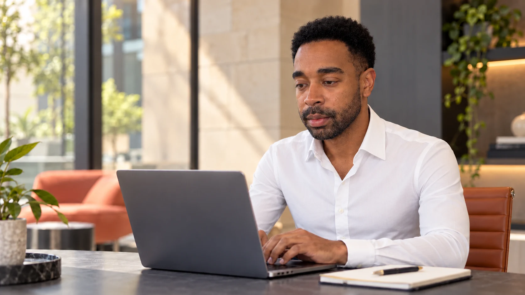 Editorial portrait of Jazzman working at a computer